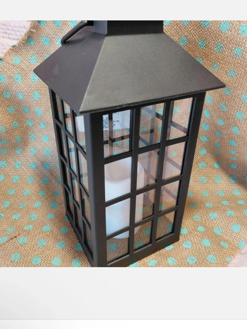 Black Grid-Frame Solar Lantern with Faux Candle Accent